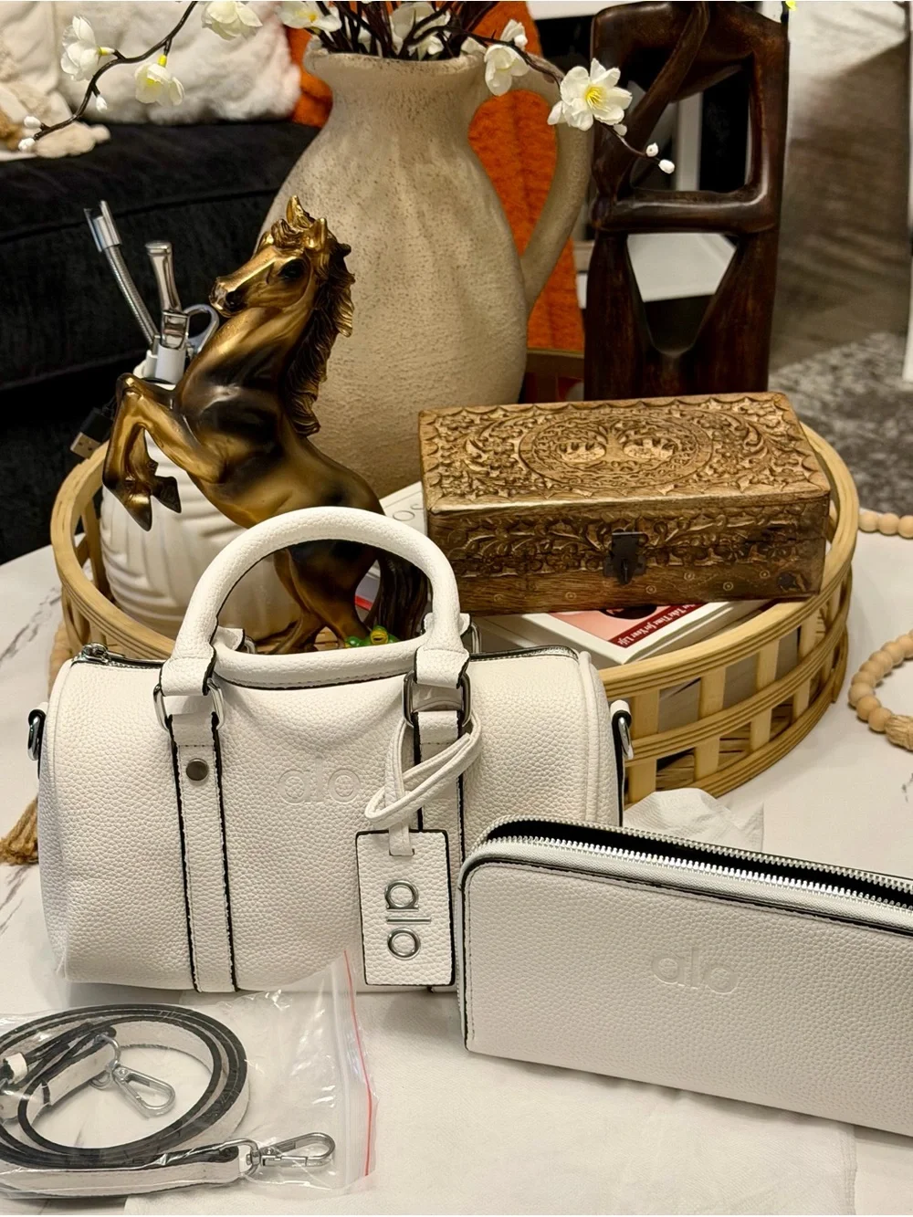 ALO Yoga White Pebbled Mini Satchel with Matching Zip Wallet